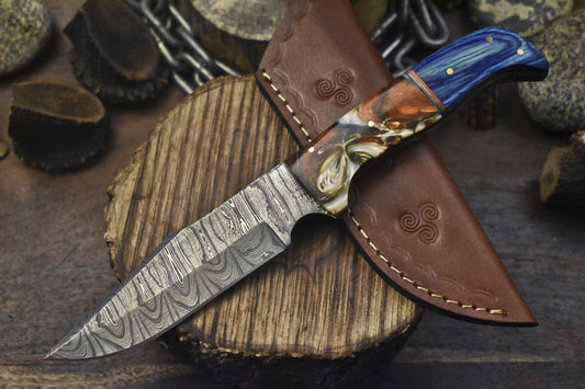 Twist Damascus Skinner Knife with Mixed Handle – Razor Sharp Custom Hunting Blade