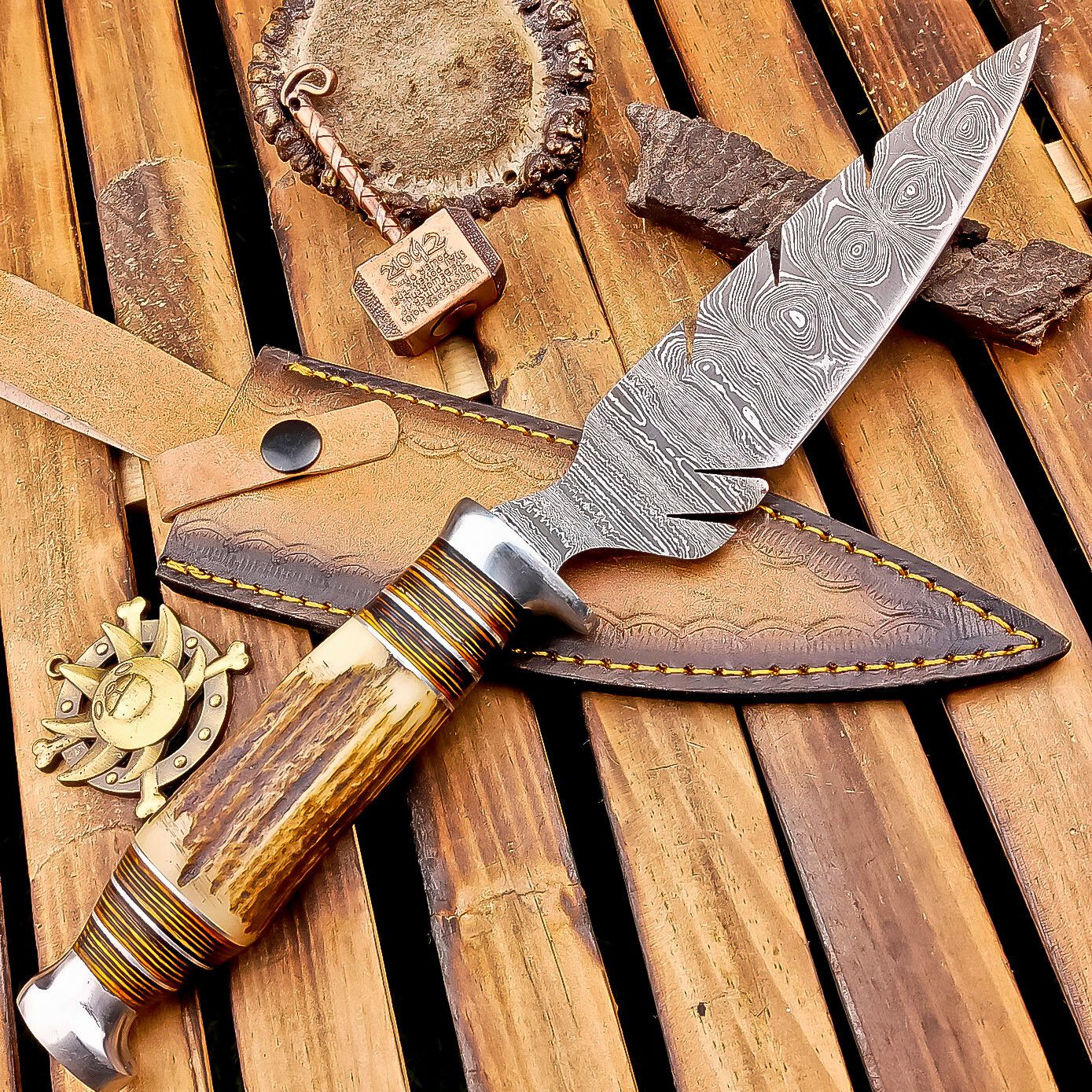 12 Inch Stag Horn Handle Damascus Bowie Knife with Leather Sheath