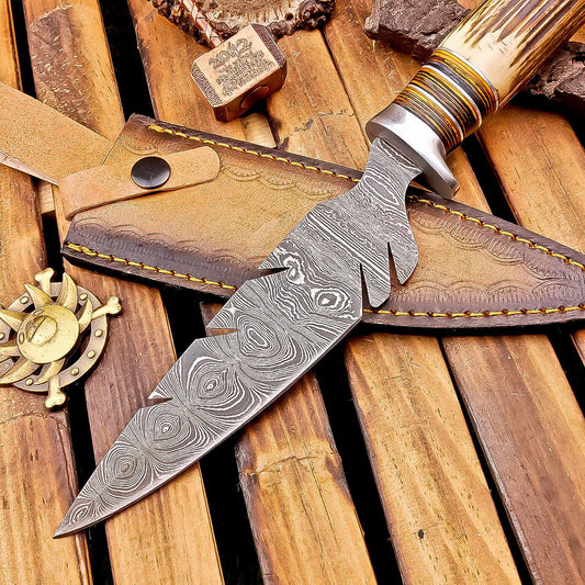 12 Inch Stag Horn Handle Damascus Bowie Knife with Leather Sheath