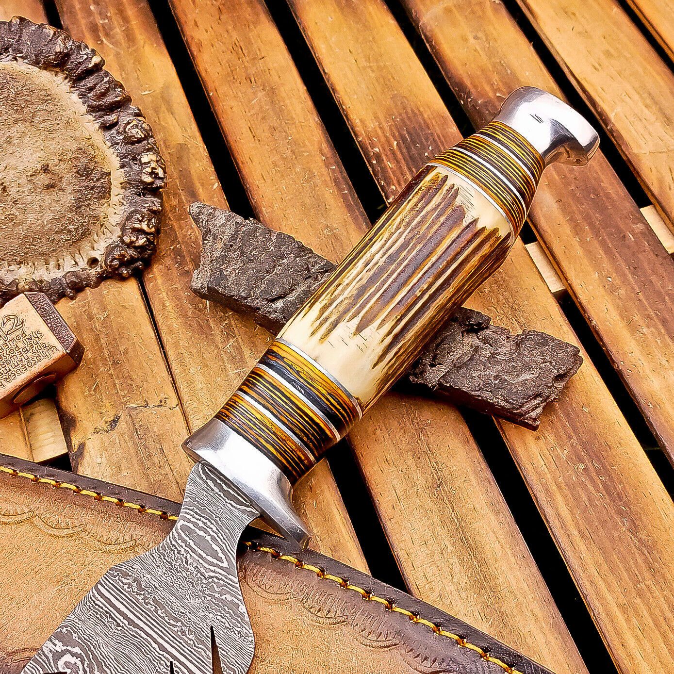 12 Inch Stag Horn Handle Damascus Bowie Knife with Leather Sheath