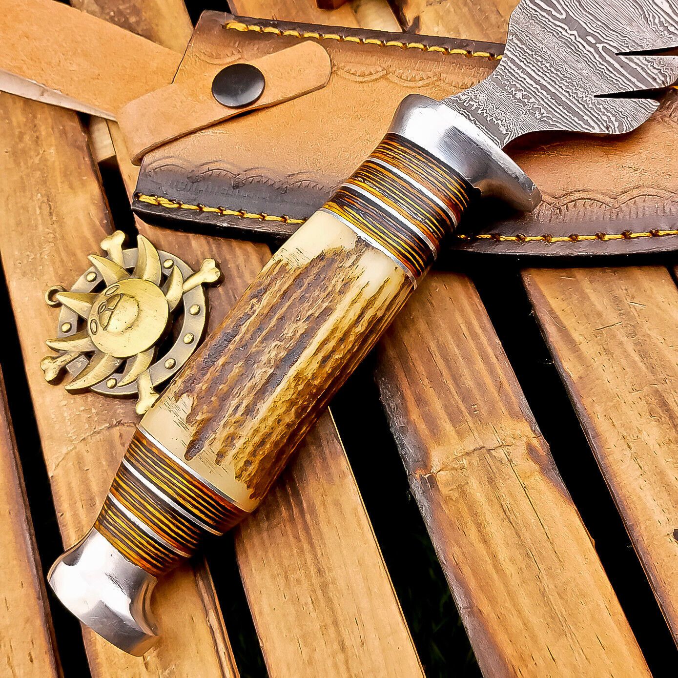 12 Inch Stag Horn Handle Damascus Bowie Knife with Leather Sheath