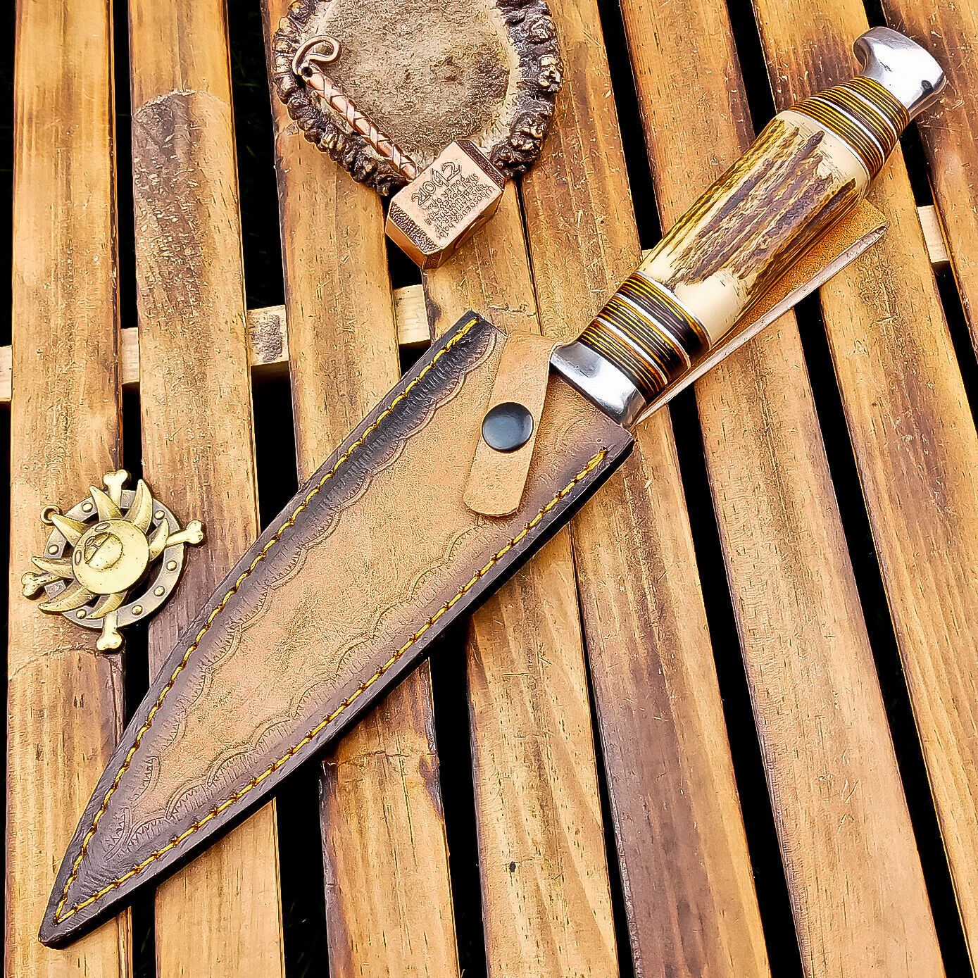 12 Inch Stag Horn Handle Damascus Bowie Knife with Leather Sheath