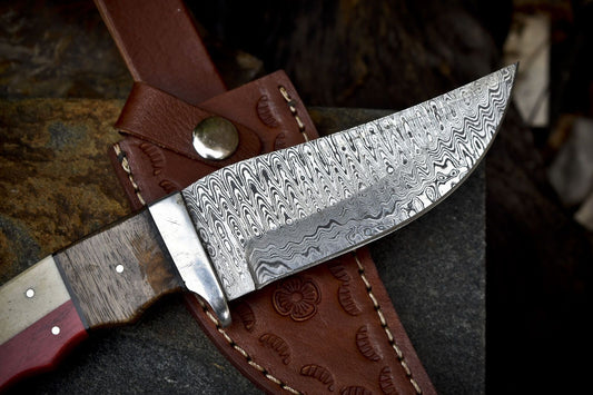 Ladder Damascus Skinner Knife Bone and Wood Handle with Steel Guard – Handmade Hunting Gift