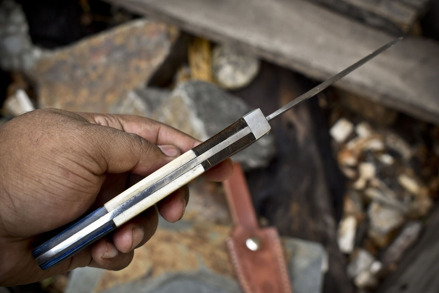 Ladder Damascus Skinner Knife Bone and Wood Handle with Steel Guard – Handmade Hunting Gift