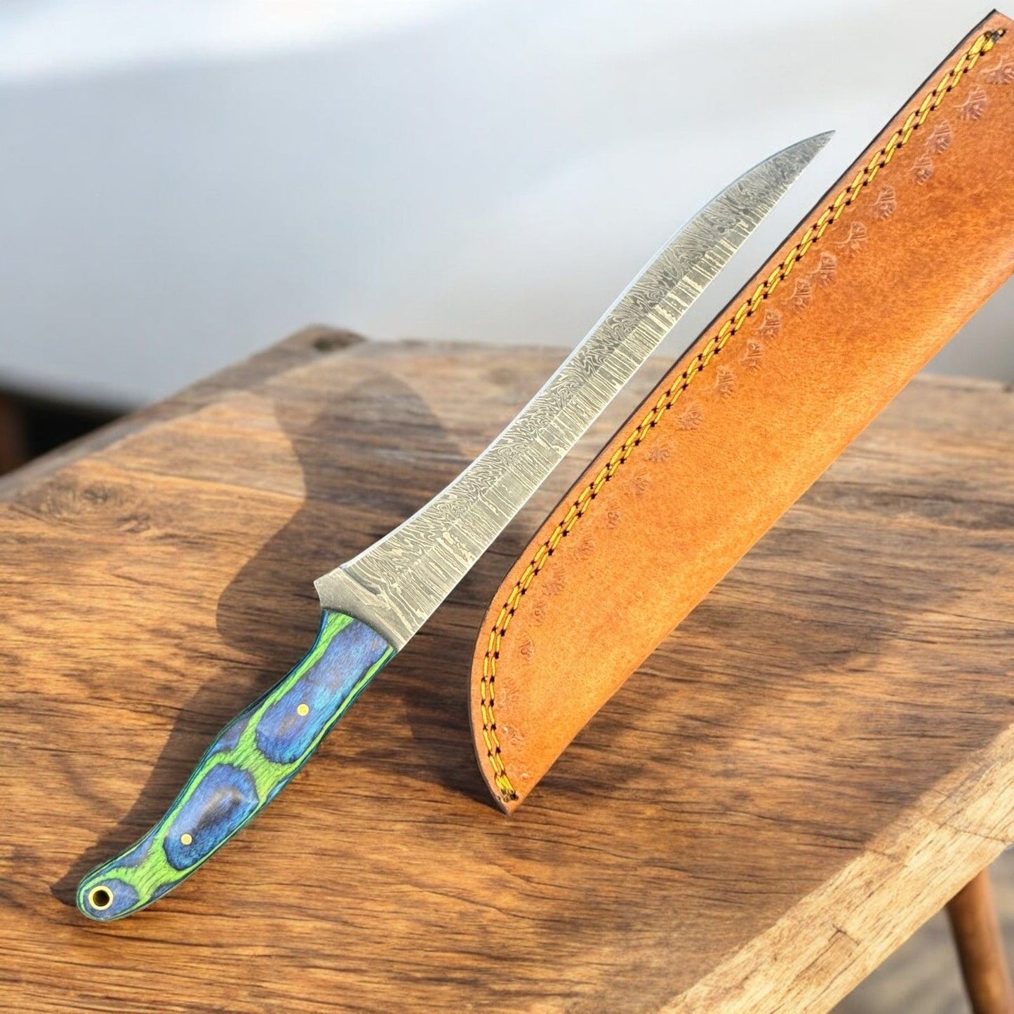12" Handmade Damascus Fillet Knife & Kitchen Knife W/Sheath & Wood handle