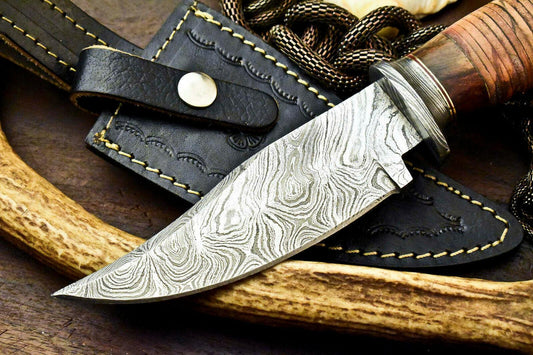 10" Handmade Damascus Bowie – Stacked Leather Handle & 384-Layer Blade