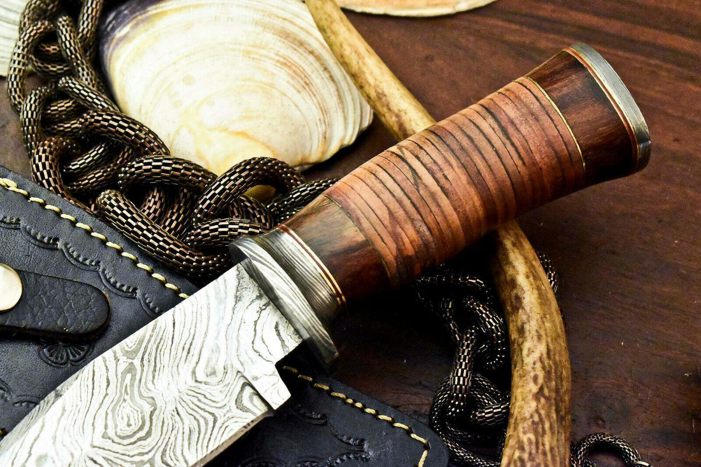10" Damascus Bowie Knife Damascus Steel Knife with Stacked Leather Handle & Sheath
