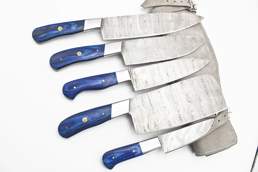 Handmade Damascus Chef Set of 5 Chef Knife Kitchen With Leather Sheath