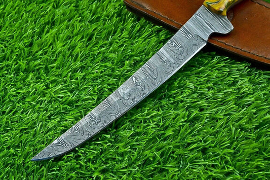 Hand Forged Damascus Steel Fillet Knife – Chef, Kitchen, Hunting & Camping Knife with Resin & Natural Wood Handle