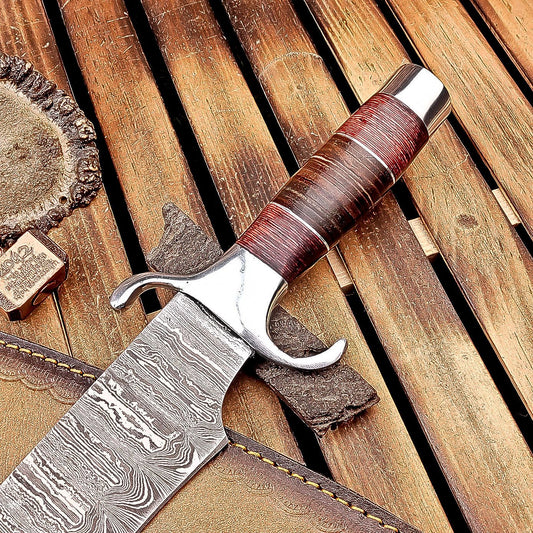 16 Inch Handmade Damascus Steel Bowie Knife with Wood and Leather Handle