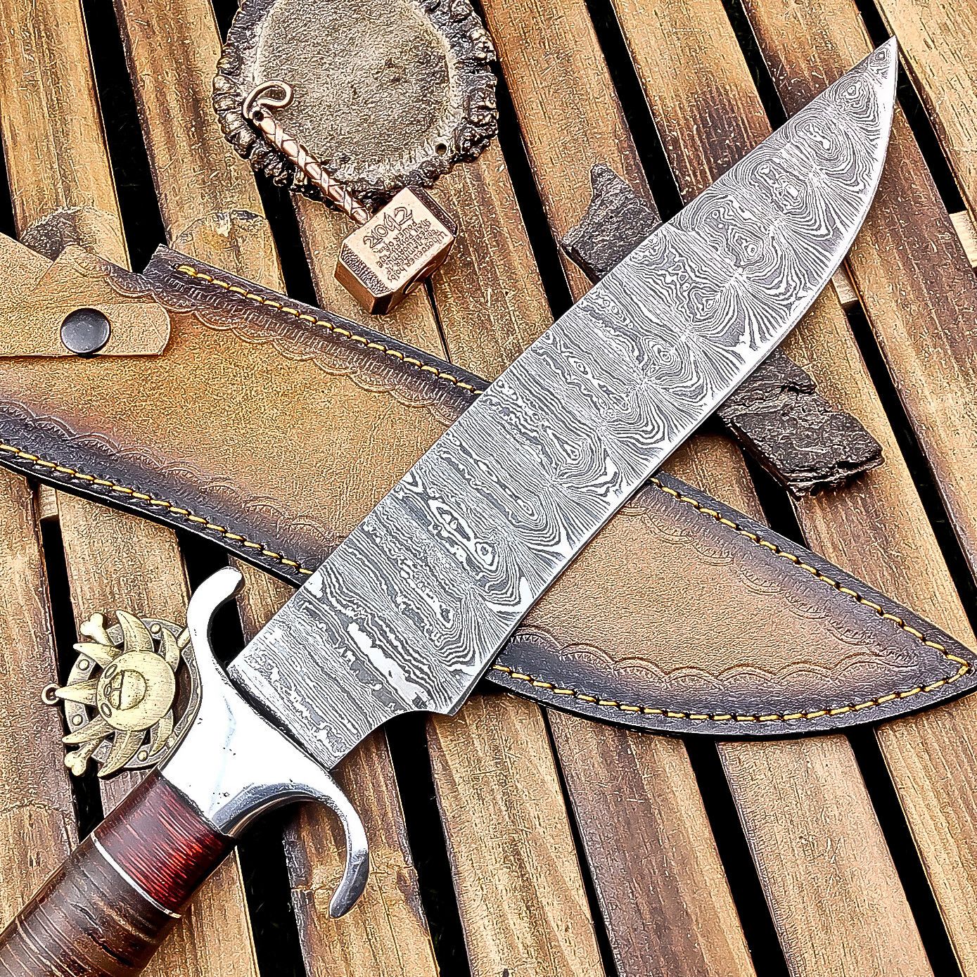 16 Inch Handmade Damascus Steel Bowie Knife with Wood and Leather Handle