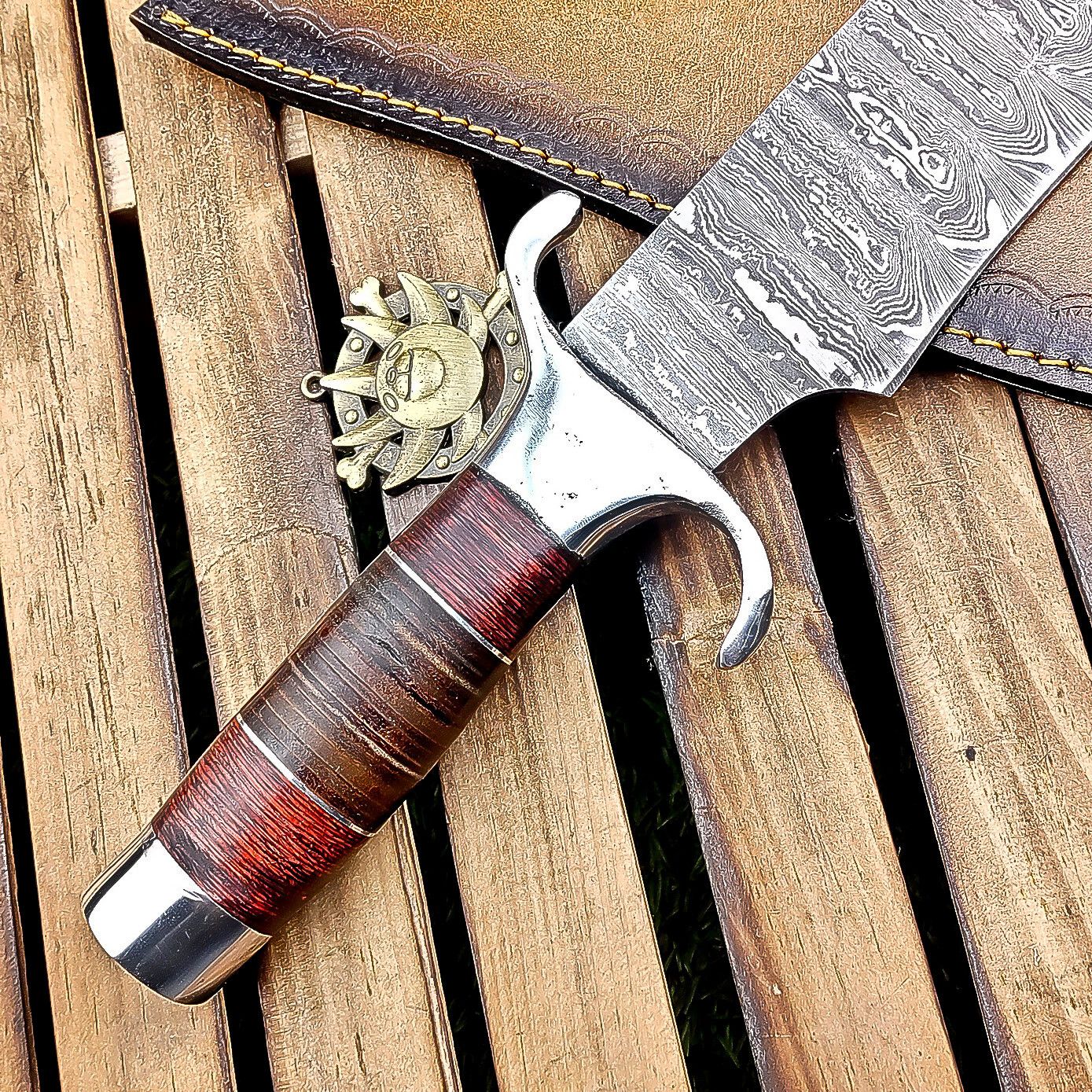 16 Inch Handmade Damascus Steel Bowie Knife with Wood and Leather Handle
