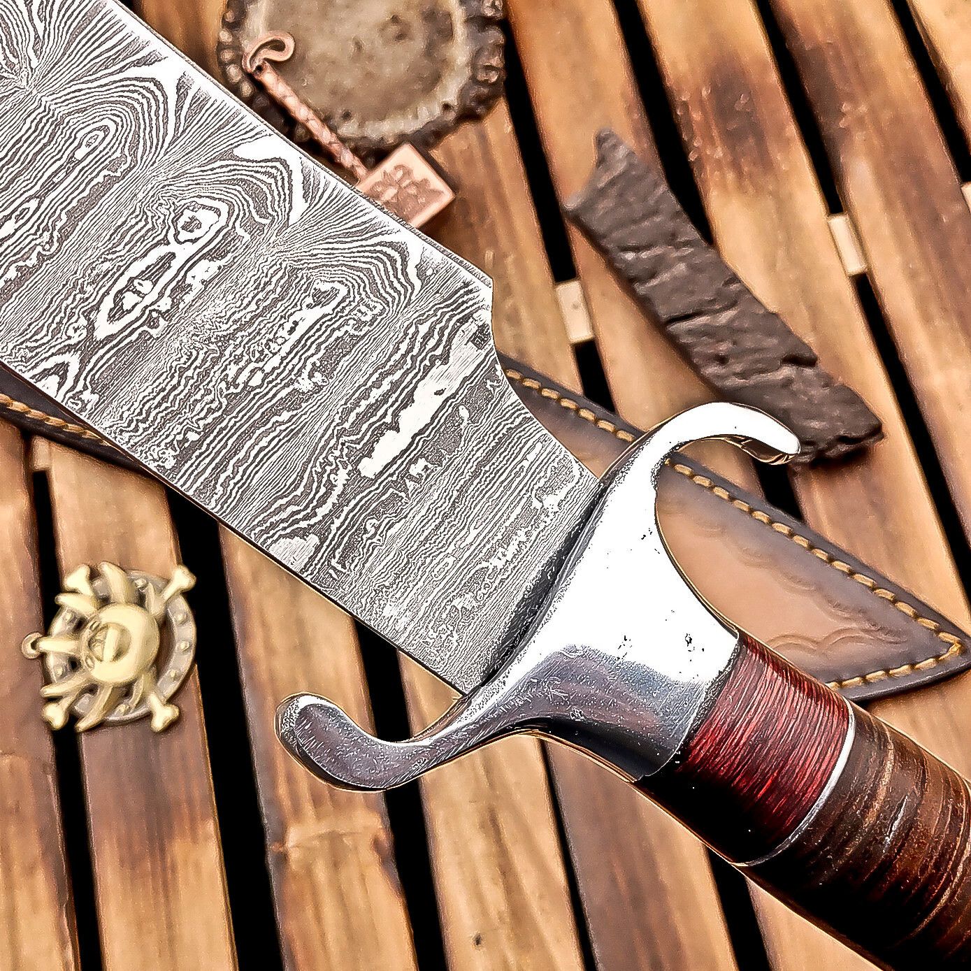 16 Inch Handmade Damascus Steel Bowie Knife with Wood and Leather Handle