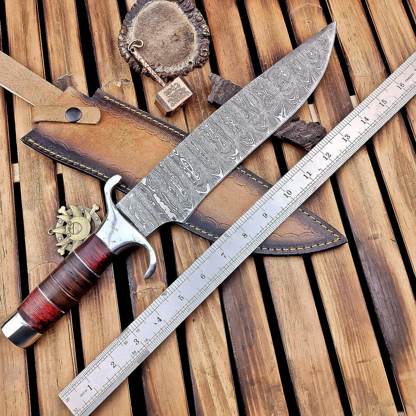 16 Inch Handmade Damascus Steel Bowie Knife with Wood and Leather Handle