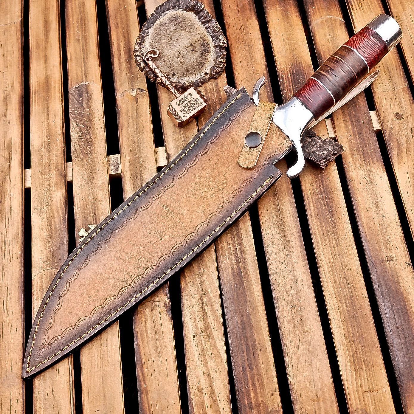 16 Inch Handmade Damascus Steel Bowie Knife with Wood and Leather Handle