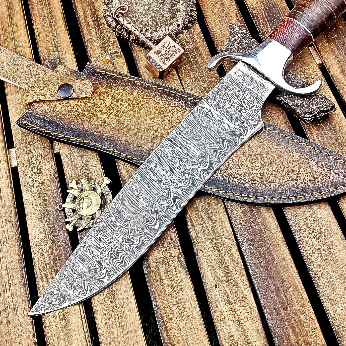 16 Inch Handmade Damascus Steel Bowie Knife with Wood and Leather Handle