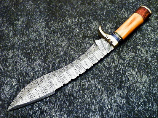 Hand Forged Damascus Bowie Hunting Knife – Stained Bone Handle, 15"