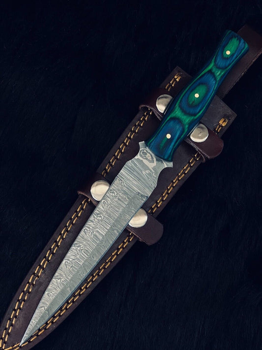10" Custom Twist Bowie Damascus Steel Dagger Knife – Camel Bone & Wood Handle