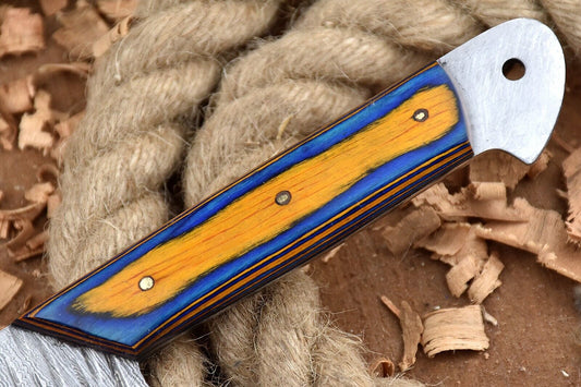 Handmade Custom Damascus Steel Chef Knife – Full Tang Kitchen Knife with Blue & Yellow Dollar Sheet Handle