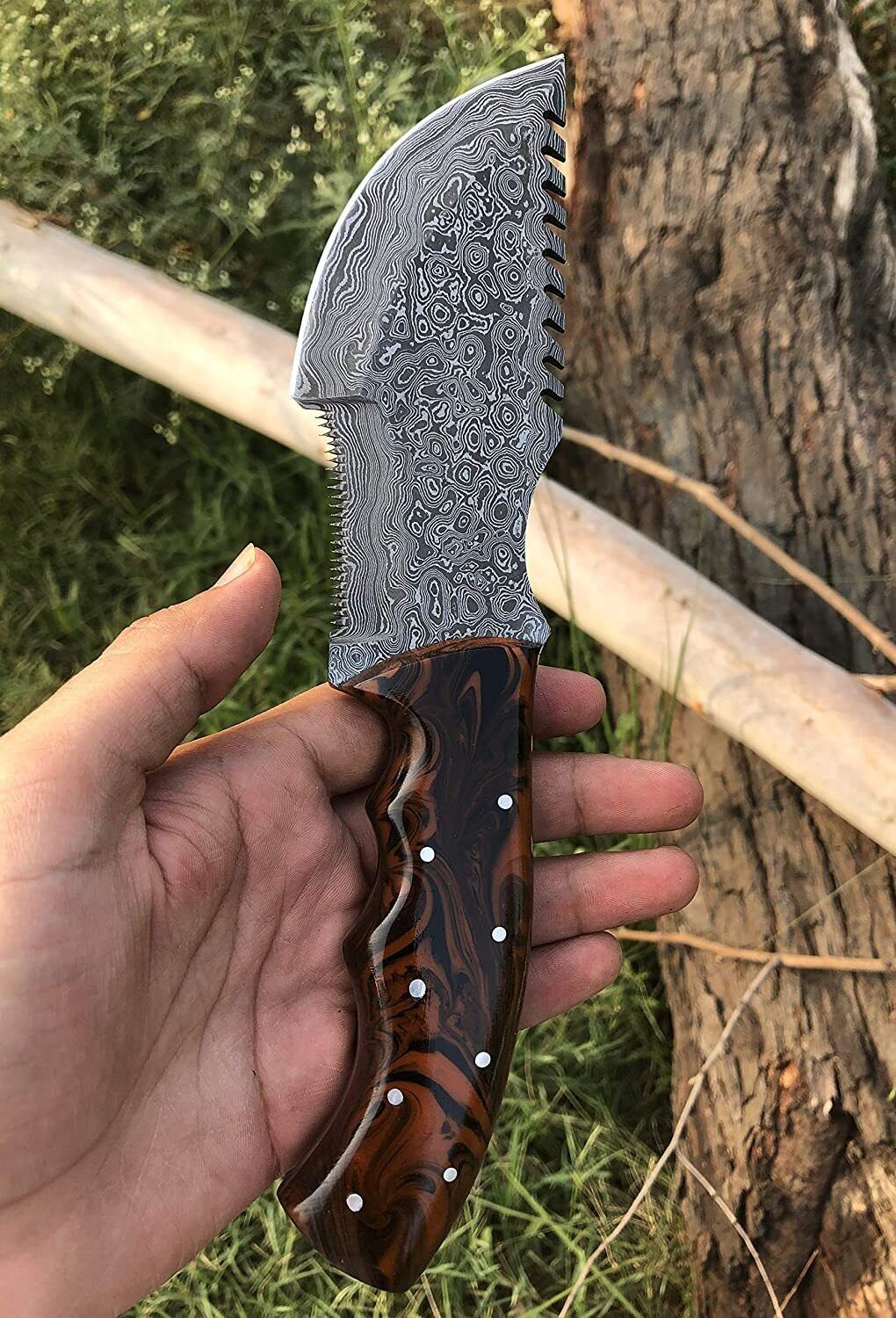 Handmade Damascus Tracker Knife – 10" Fixed Blade Full Tang with Dollar Sheet Wood Handle & Leather Sheath