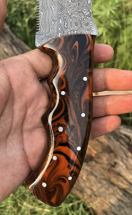 Handmade Damascus Tracker Knife – 10" Fixed Blade Full Tang with Dollar Sheet Wood Handle & Leather Sheath