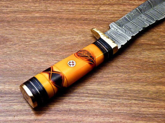 10" Custom Handmade Damascus Steel Bowie Knife – Engraved Camel Bone & Wood Handle