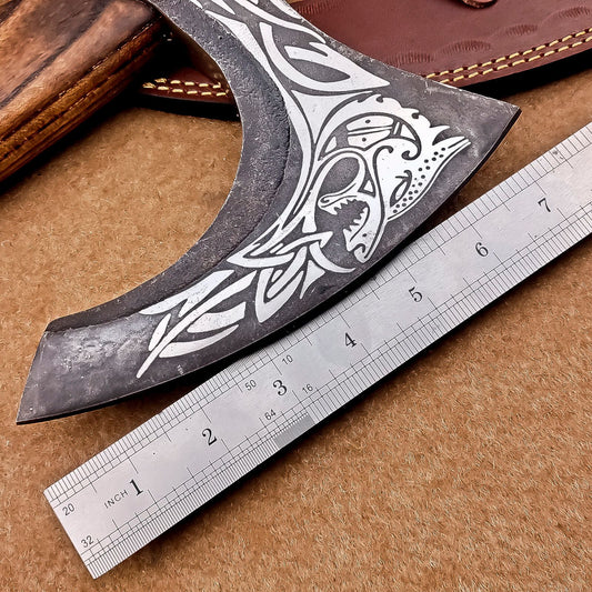 Custom Hand-Forged Carbon Steel Viking VALHALLA Axe – 18-Inch Tomahawk Throwing Axe with 7-Inch Cutting Edge and Leather Sheath