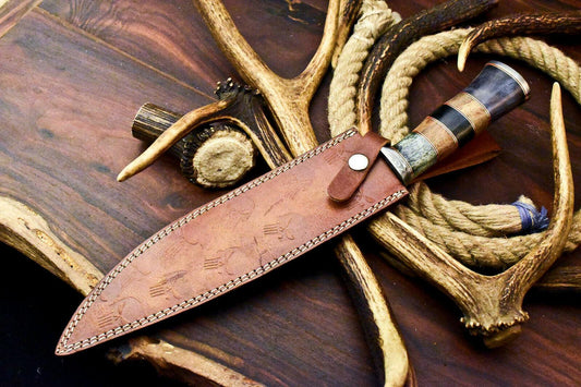 14" Handmade Damascus Steel Bowie Knife – Camel Bone Handle Hunting Knife