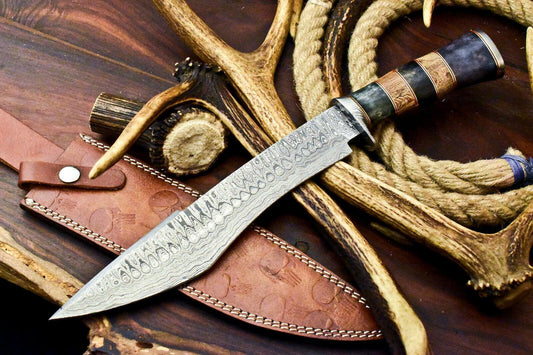 14" Handmade Damascus Bowie Knife Damascus Steel Knife with Camel Bone Handle