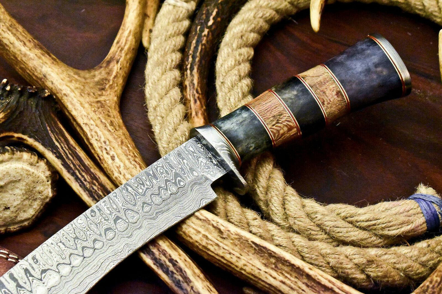 14" Handmade Damascus Steel Bowie Knife – Camel Bone Handle Hunting Knife