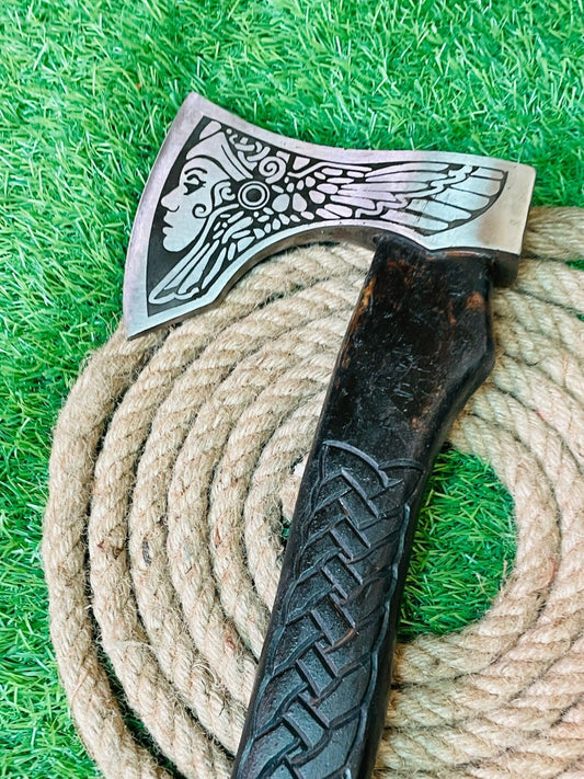 Handmade Forged Damascus Steel Viking Bearded Camping Tomahawk Hatchet Axe with Wood Handle and Leather Sheath