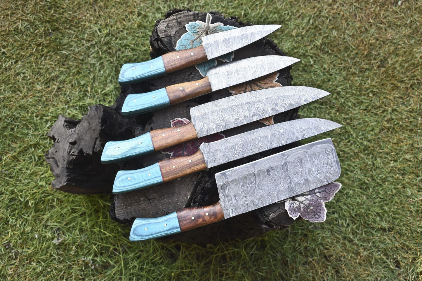 Hot Item Chef Knife Set Twist Damascus Steel with Hard Wood Handles – Lot of 5 Hiking Knives