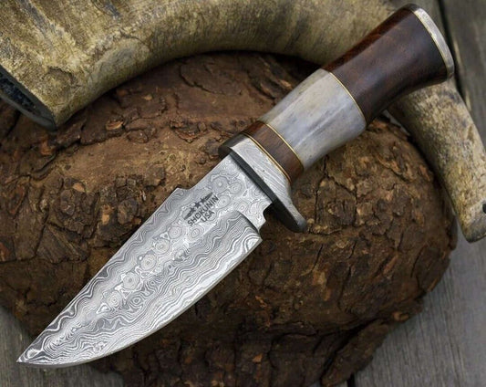 Heritage Forge Damascus Steel Fixed Blade Hunting Knife Wood Handle with Sheath
