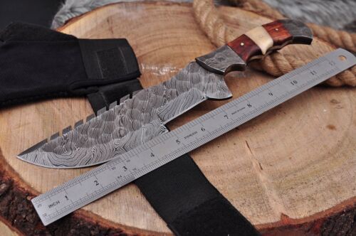 Tactical Survival Damascus Steel Tracker Knife – Camel Bone & Wood Handle, Full Tang with Leather Sheath