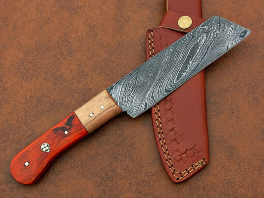 Handmade Damascus Steel Chef Knife – BBQ Special with Natural Wood Handle & Leather Sheath
