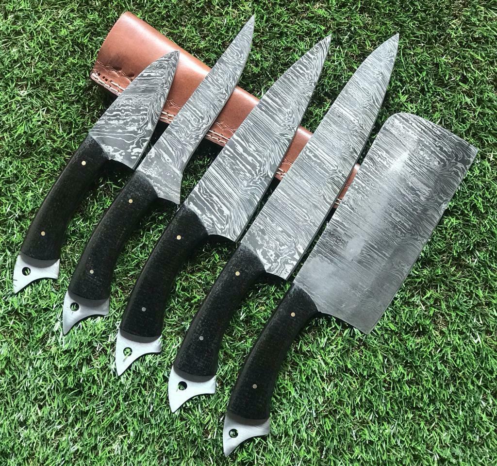 Heritage Forge Handmade Twist Damascus Chef Knife Set – Pakkawood Handle