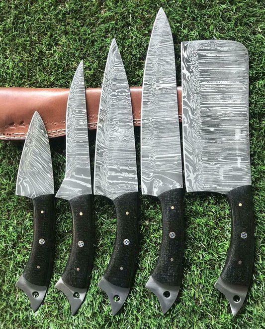 Heritage Forge Handmade Twist Damascus Chef Knife Set – Pakkawood Handle