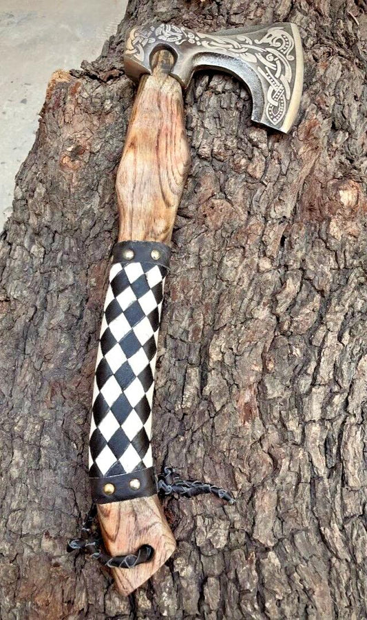 Custom Handmade Viking Axe with Etched Carbon Steel Blade and Wooden Handle for Bushcraft and Camping