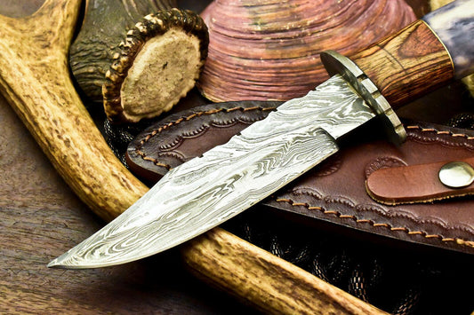 Custom Handmade Damascus Bowie Hunting Knife – Stained Camel Bone & Hard Wood Handle, 11"
