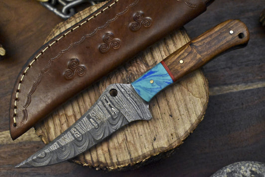 9" Twist Damascus Skinner Knife with Walnut Wood Handle | Custom Handmade EDC Blade