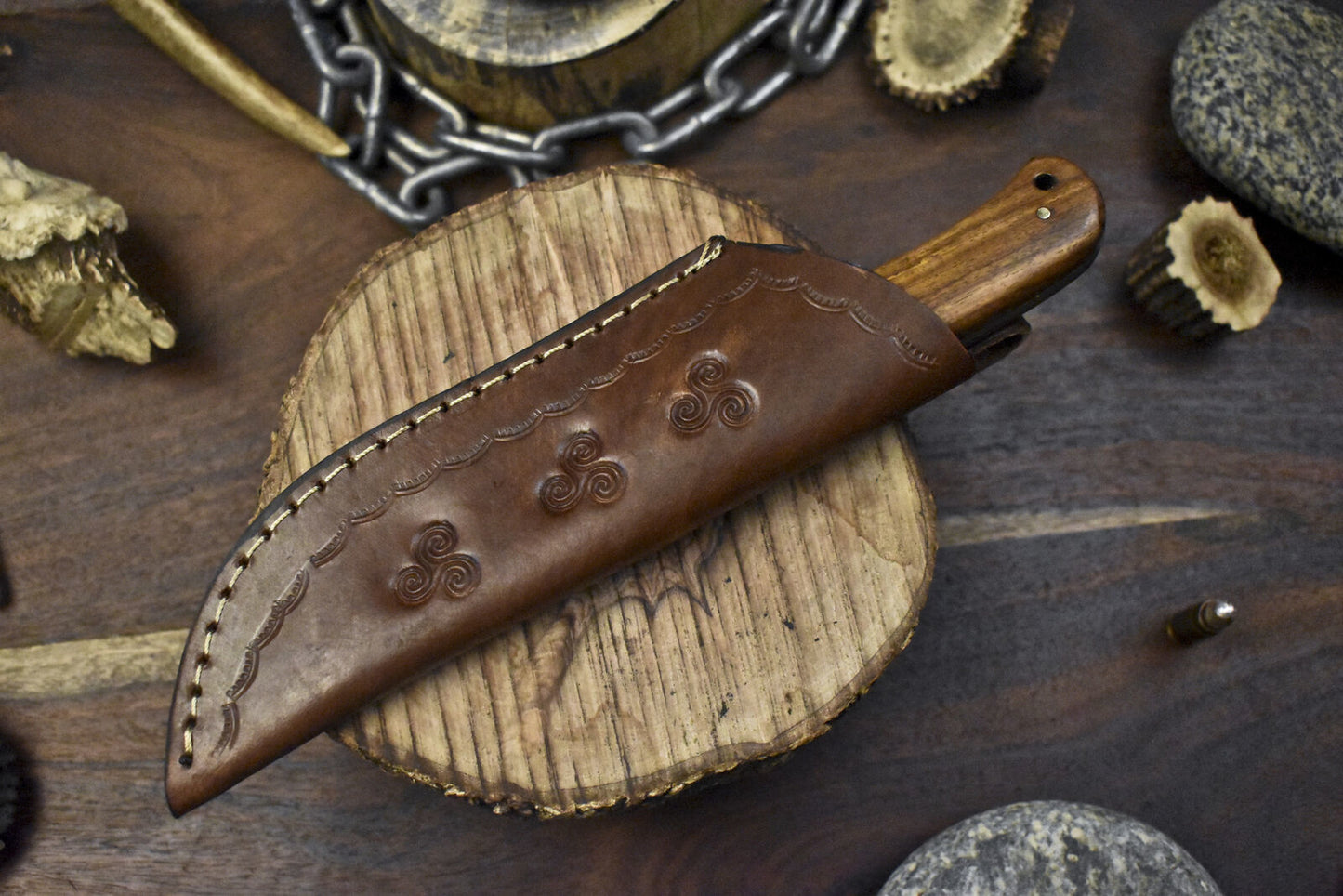 9" Twist Damascus Skinner Knife with Walnut Wood Handle | Custom Handmade EDC Blade