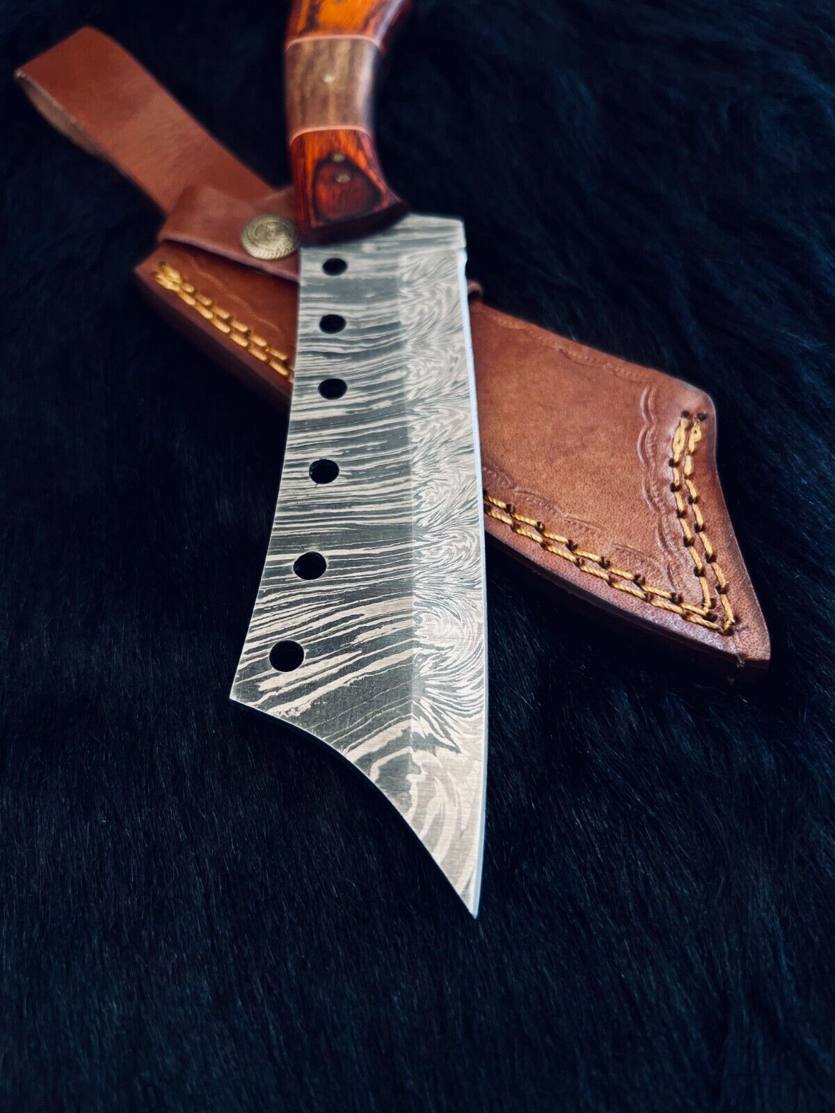 Heritage Forge 10.5 Inch Fire Damascus Steel Machete Knife with Camel Bone and Wood Handle