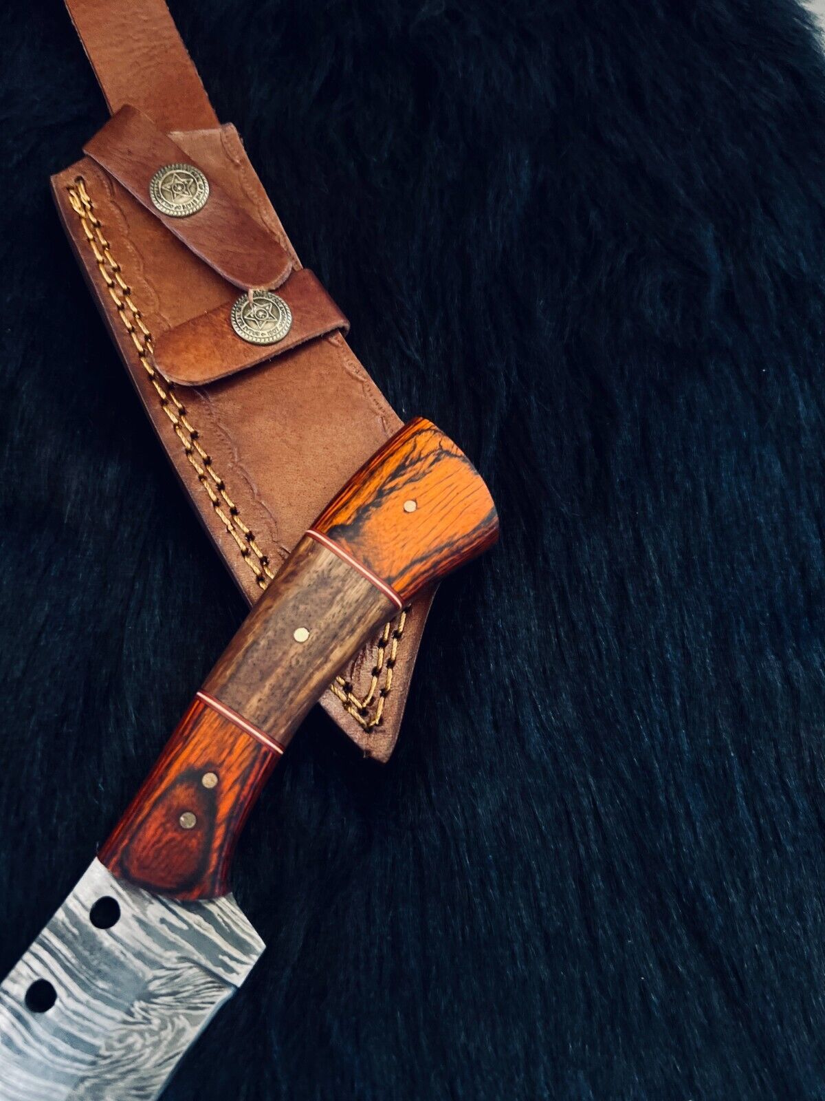 Heritage Forge 10.5 Inch Fire Damascus Steel Machete Knife with Camel Bone and Wood Handle