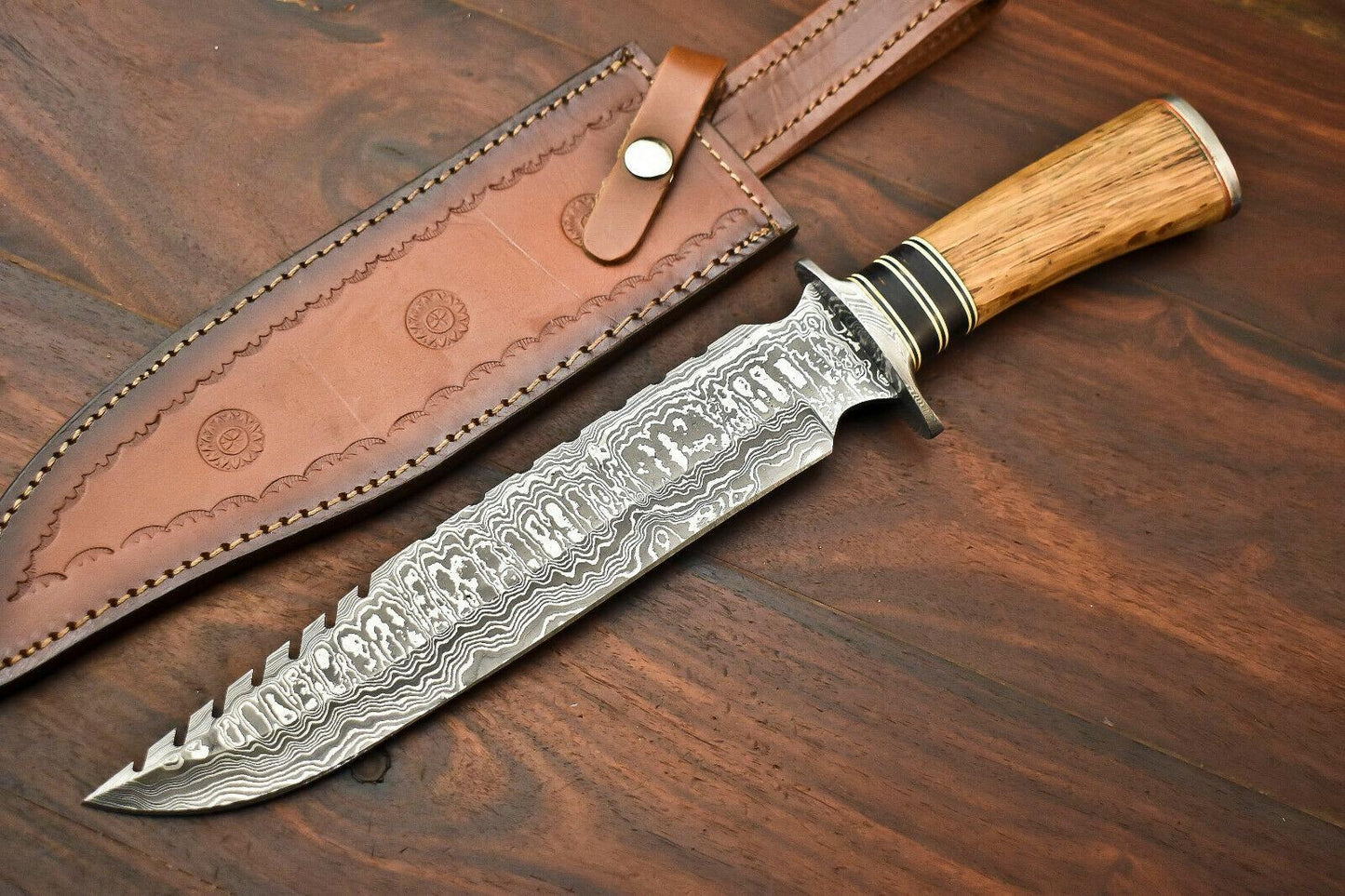 15.5" Handmade Damascus Steel Bowie Knife with Walnut Wood Handle