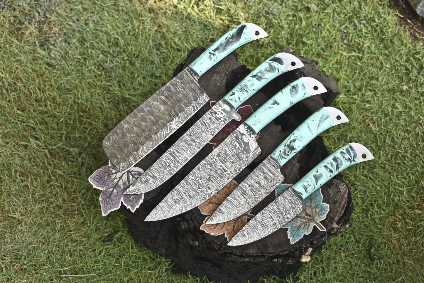 Chef Knife Set – Twist Damascus Steel with Micarta Handles – Lot of 5 EDC