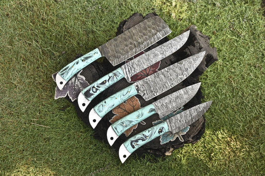 Chef Knife Set – Twist Damascus Steel with Micarta Handles – Lot of 5 EDC