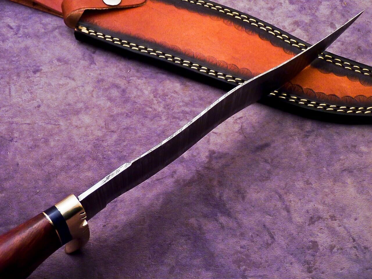 16 Inch Handmade Damascus Steel Bowie Knife with Natural Wood and Brass Handle by Heritage Forge