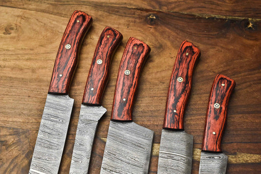 Premium Lot of 5 Handmade Hammered Damascus Steel Chef Knives – Sharp & Durable