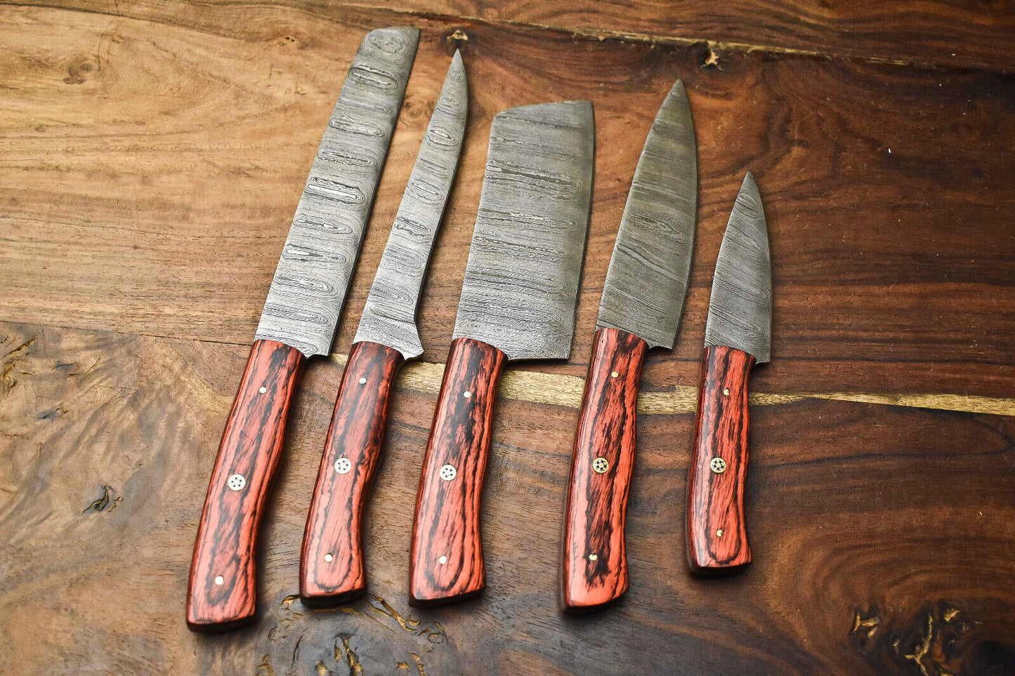 Premium Lot of 5 Handmade Hammered Damascus Steel Chef Knives – Sharp & Durable