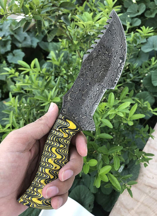 Handmade Damascus Steel Tracker Knife with Two-Tone Dollar Wood Handle – Fixed Blade Hunting Knife with Leather Sheath